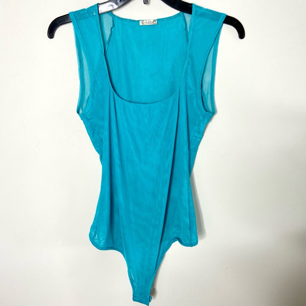 Free People Sheer Mesh Aqua Teal Thong Bodysuit | XS